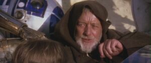 Obi Wan Kanobi in the classic Star Wars scene "These are not the droids you're looking for"